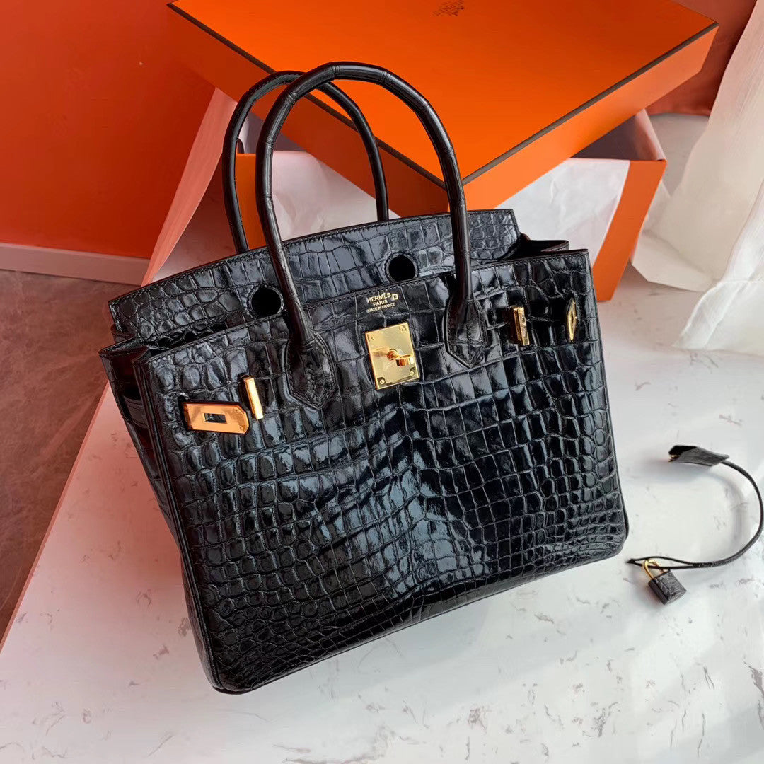 HERMES BIRKIN 30 BAG SHINY BLACK ALLIGATOR GOLD HARDWARE