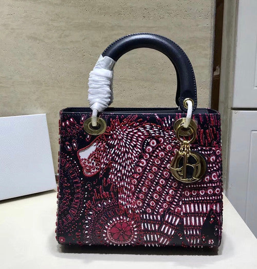 Christian Dior FUCHSIA LADY DIOR MEDIUM DIOR ANIMALS EMBROIDERED SMOOTH CALFSKIN BAG