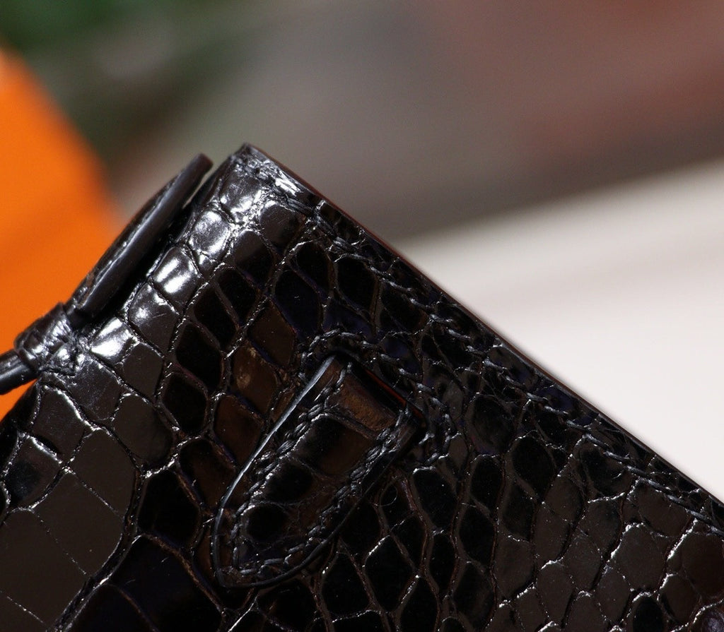 Hermes Black Mini Kelly Pochette Gator Shine with Gold Hardware