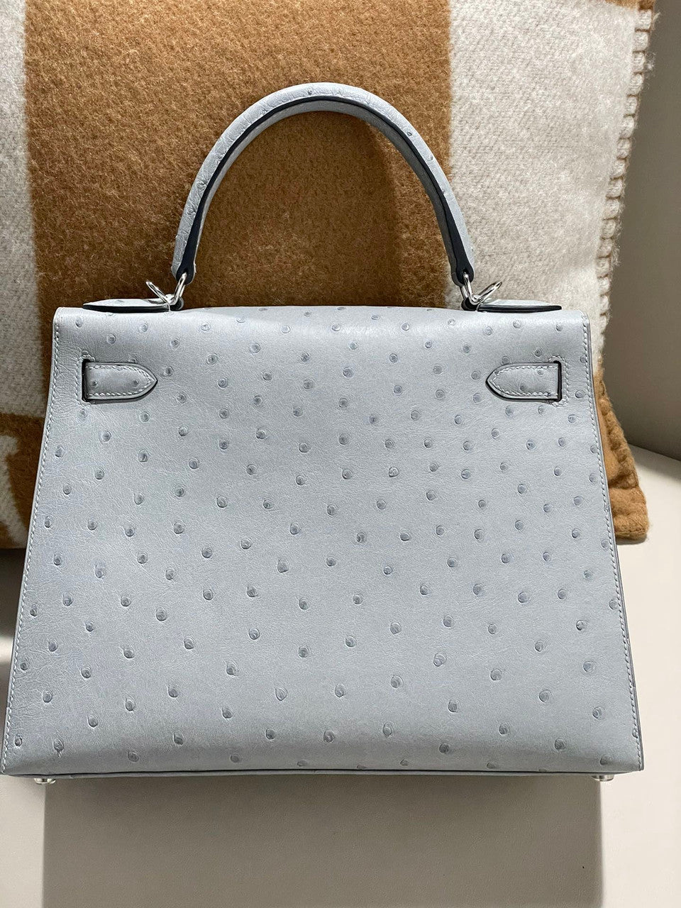 Hermes Kelly 28 Sellier 8U Blue Glacier Ostrich Palladium Hardware