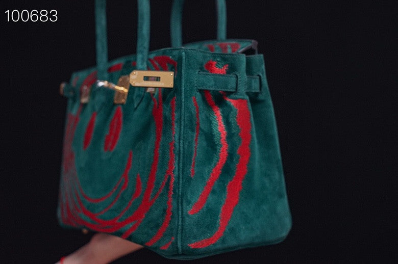 HERMES LIMITED EDITION SUEDE BIRKIN 30 BAG RARE DOBLIS GREEN PALLADIUM HARDWARE