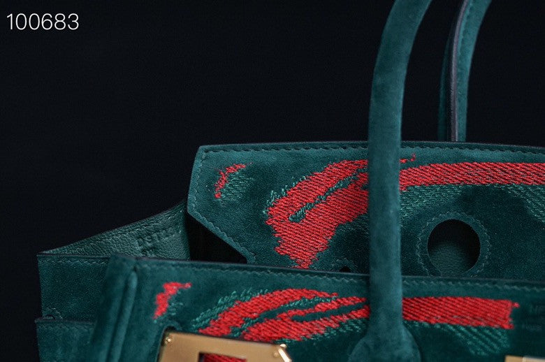 HERMES LIMITED EDITION SUEDE BIRKIN 30 BAG RARE DOBLIS GREEN PALLADIUM HARDWARE