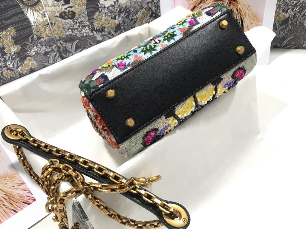 Christian Dior MEDIUM LADY DIOR BAG Black Printed Calfskin with Multicolor Dior In Lights Pearl and Thread Embroidery