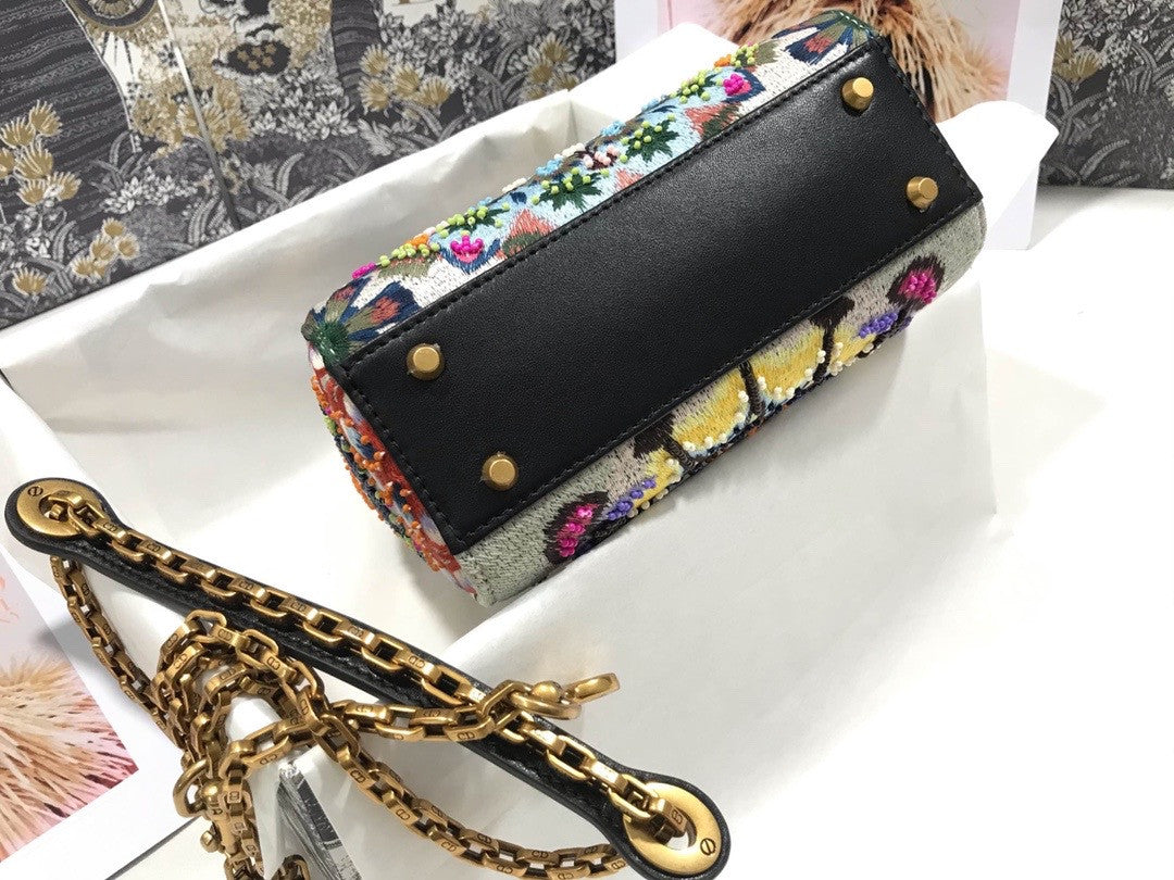 Christian Dior MEDIUM LADY DIOR BAG Black Printed Calfskin with Multicolor Dior In Lights Pearl and Thread Embroidery