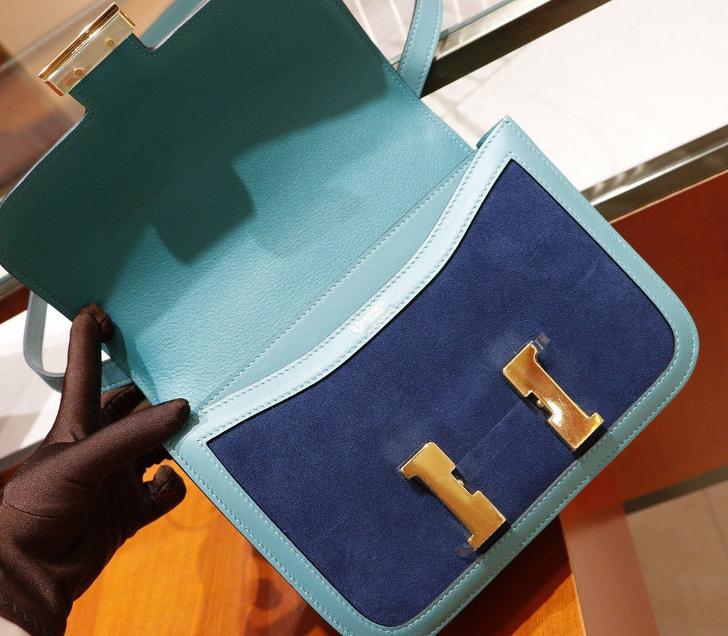 Hermes Special Order Constance Veau Doblis Suede 7F Blue Paon/R2 Blue Agate  19cm