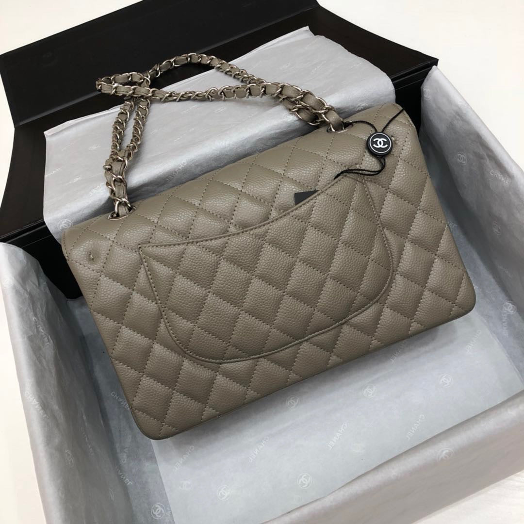 CHANEL Khaki Caviar Leather Classic Double Flap 2.55 Shoulder Bag Silver HW 2021