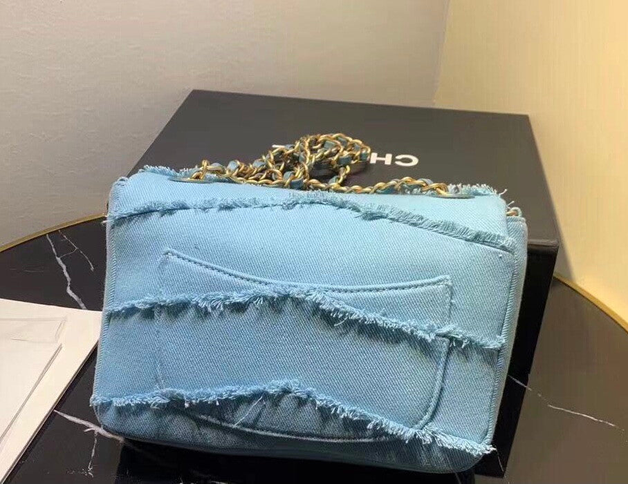 Chanel Coco Flap Bag Fringe Chevron Denim Small Light Blue