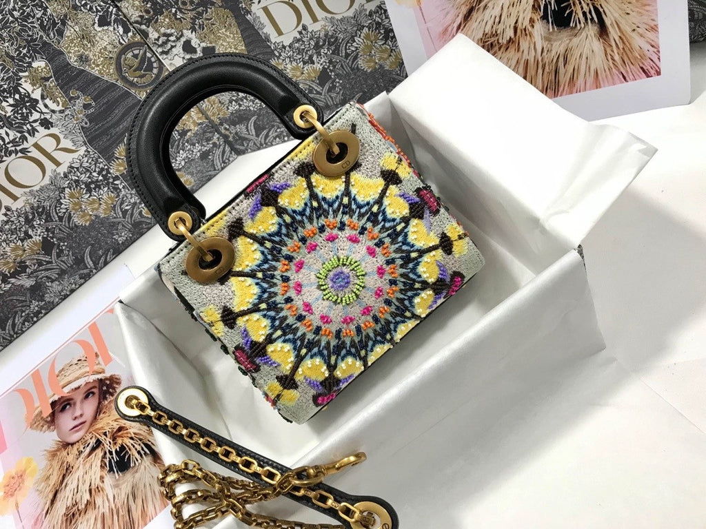 Christian Dior MEDIUM LADY DIOR BAG Black Printed Calfskin with Multicolor Dior In Lights Pearl and Thread Embroidery