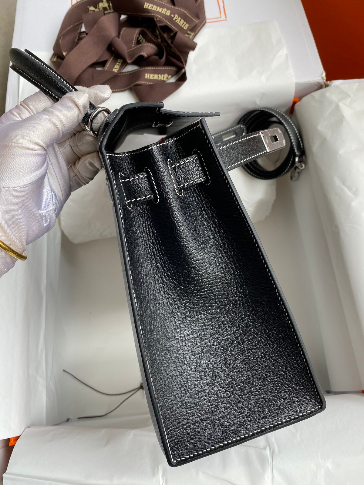 Hermes Kelly 28 Special Order (HSS)  Black Goatskin (Chevre) with Heart Red (Rouge de Cur) Interior & Palladium Hardware