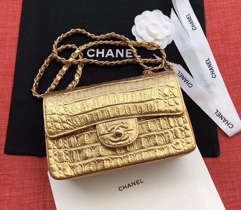 Chanel Mini Gold Metallic Crocodile Embossed Flap Bag