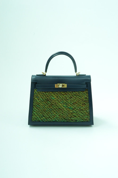Hermes  FEATHER KELLY 25 Black  Peacock feather & Suede  with Gold Hardware