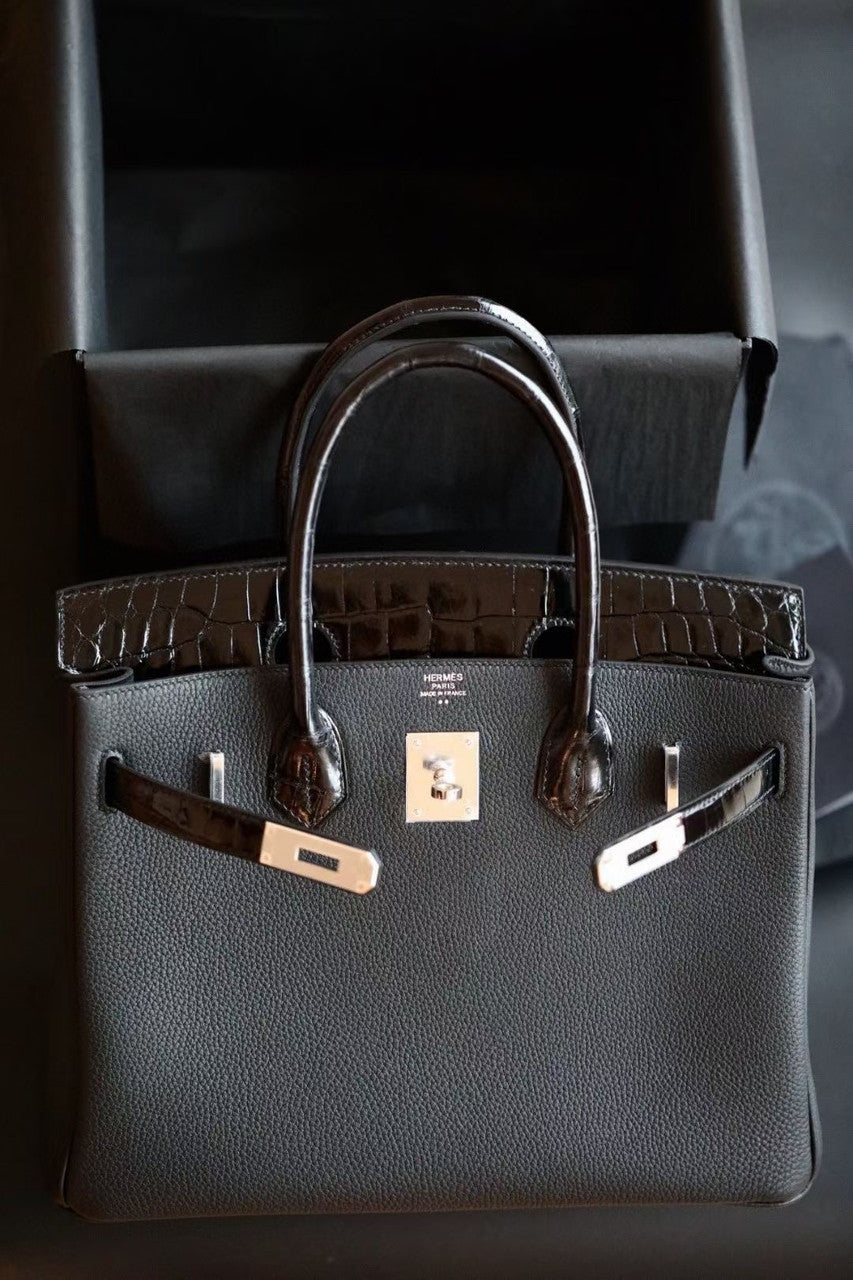 Hermès Black Niloticus Crocodile /Togo Birkin Touch 25cm Palladium Hardware