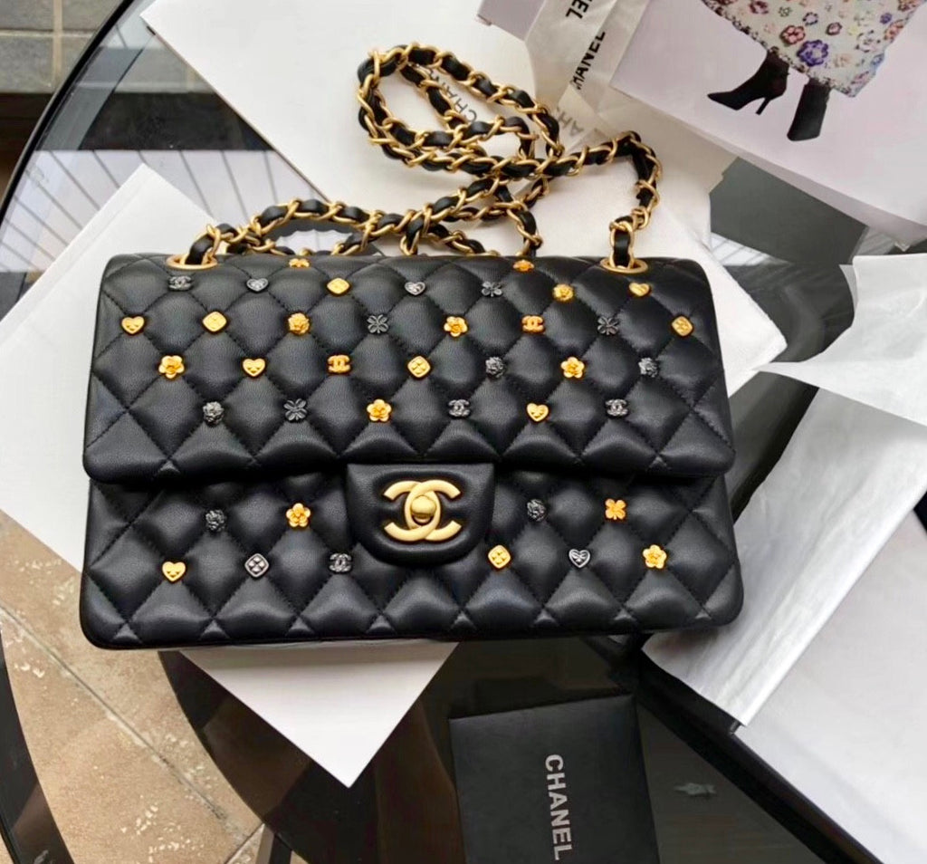 Chanel Black Leather Medium Classic 18K Gold Charms Double Flap Bag