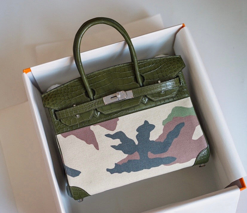 Hermes Limited Edition Birkin Bag 35 In 67 Vert Fonce Alligator and  Camouflage with Palladium hardware