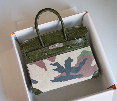 Hermes Limited Edition Birkin Bag 35 In 67 Vert Fonce Alligator and  Camouflage with Palladium hardware