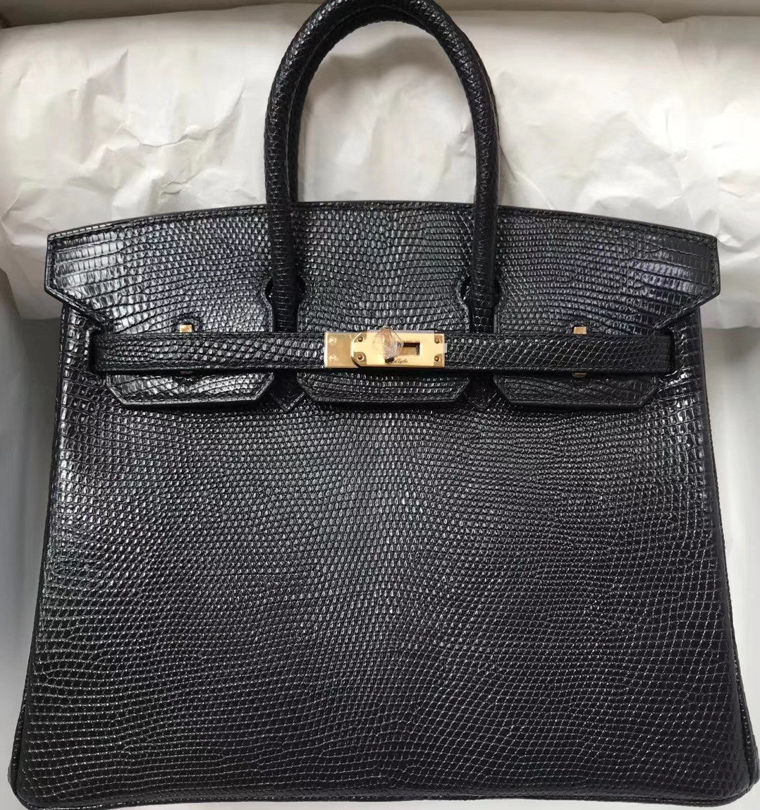 Hermes Black Lizard Birkin Bag 25cm Gold Hardware