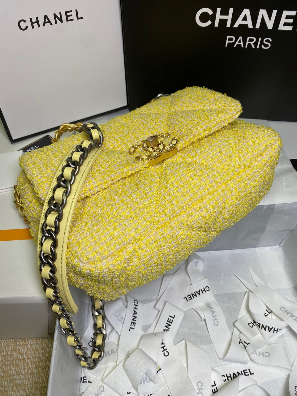 Chanel Yellow Tweed 19 flap bag