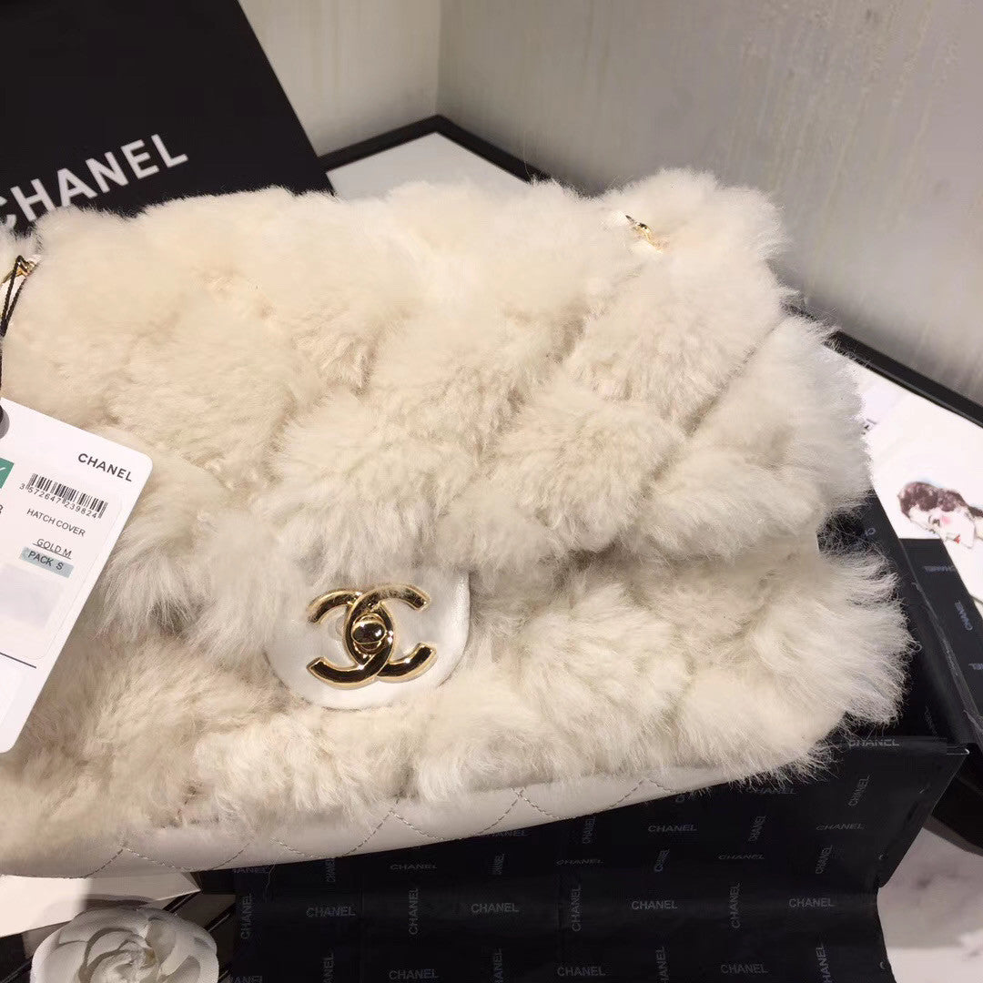 Chanel Shearling Lambskin Flap Bag White