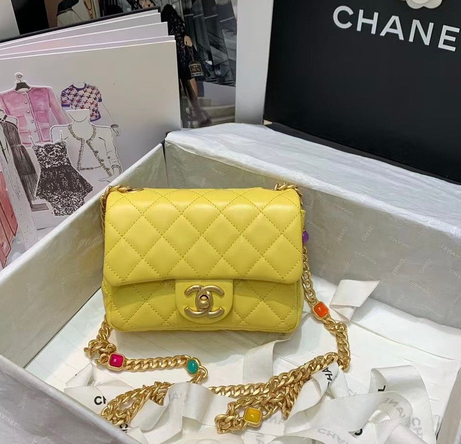 Chanel Flap Bag with Resin & Gold-Tone Metal Yellow Mini