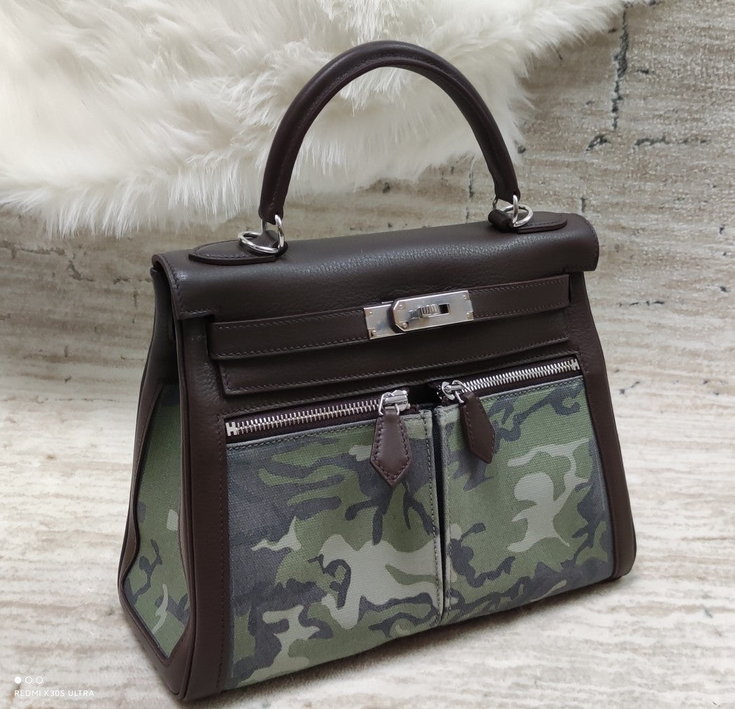 Hermes LIMITED EDITION BROWN SWIFT LEATHER & TOILE CAMOUFLAGE LAKIS KELLY 28 WITH PALLADIUM HARDWARE