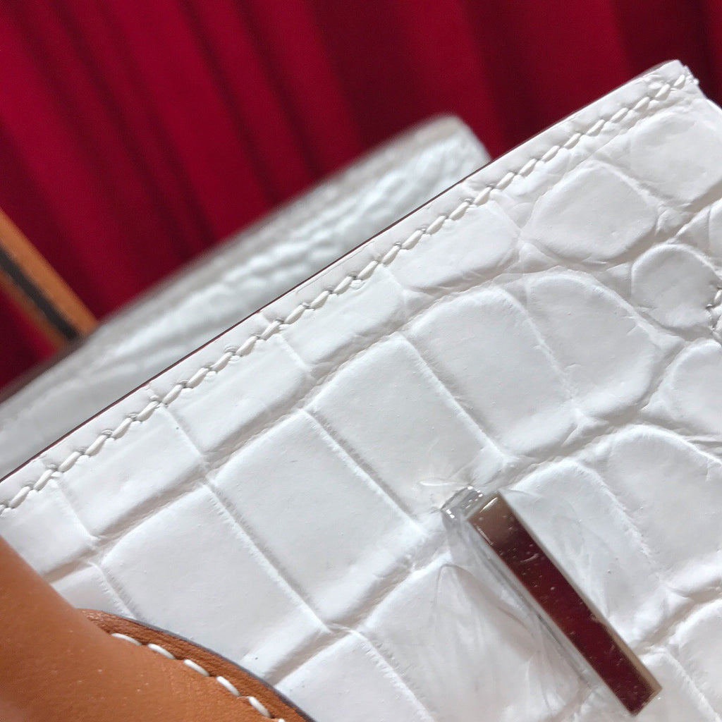 Hermes White/ Gold Birkin 30 in Porosus  Crocodile with Palladium hardware