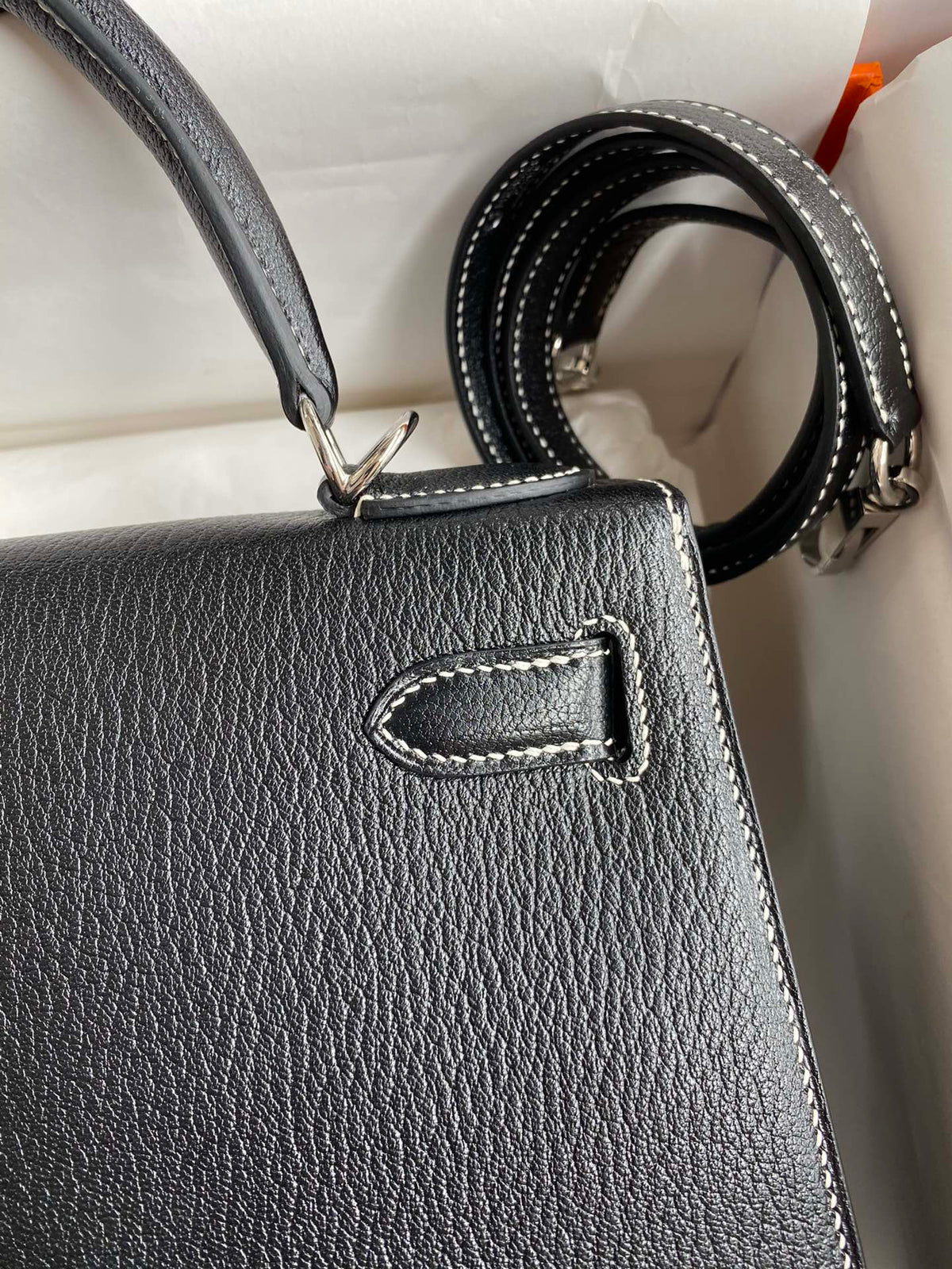 Hermes Kelly 28 Special Order (HSS)  Black Goatskin (Chevre) with Heart Red (Rouge de Cur) Interior & Palladium Hardware