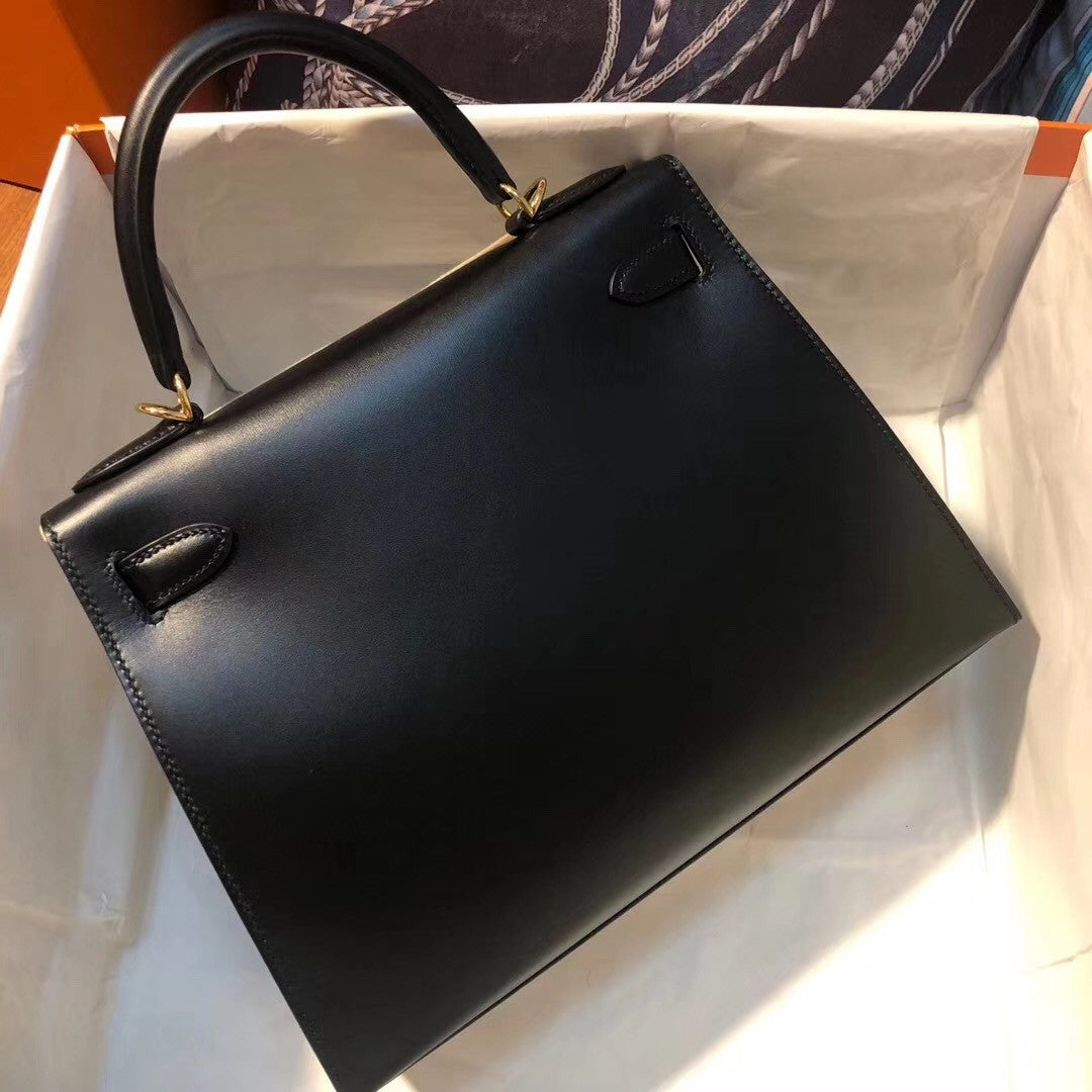 Hermès Black Kelly 28 Box Leather Gold Hardware