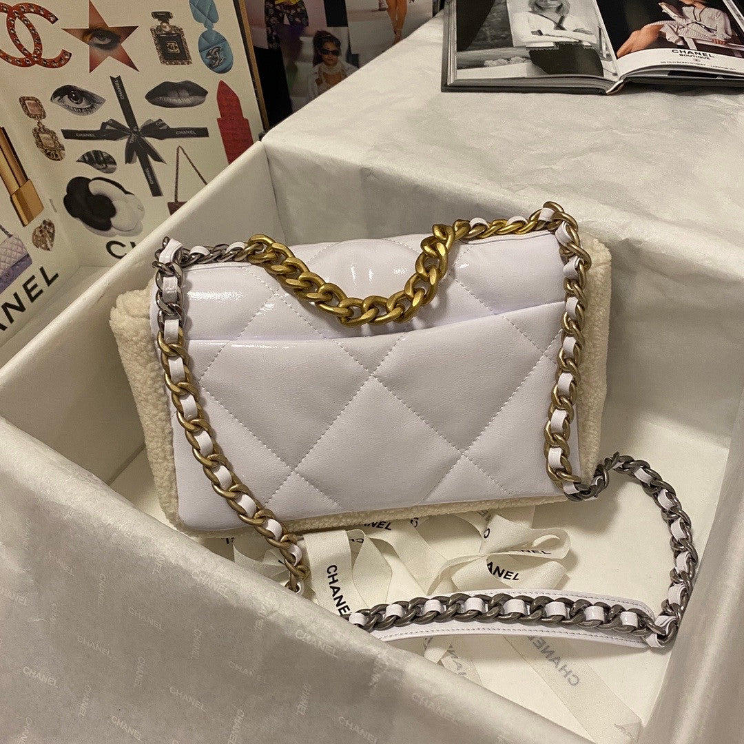CHANEL 19 HANDBAG White Shearling Lambskin