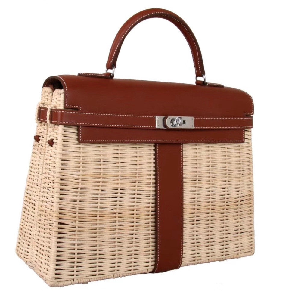 Hermes Limited Edition Brown Picnic Kelly 35 Wicker Palladium Hardware