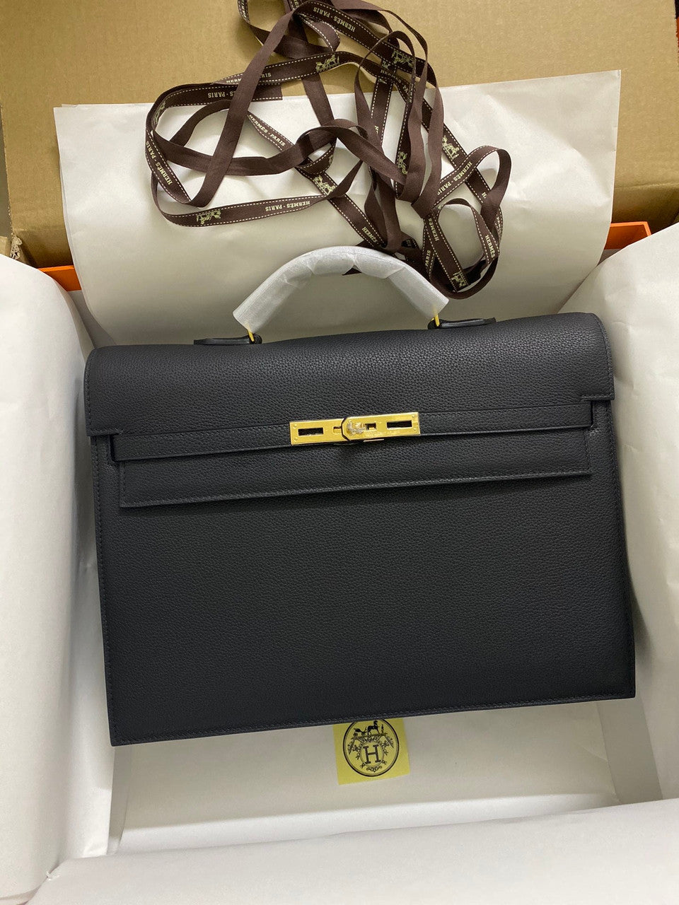 Hermes Kelly Depeche 38 Briefcase in Black with Gold Hardware