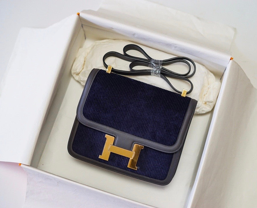 Hermès Black Corduroy Constance 19cm  Gold GHW