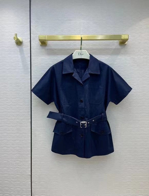 Christian Dior SHORT-SLEEVED BELTED JACKET Deep Blue Cotton Gabardine