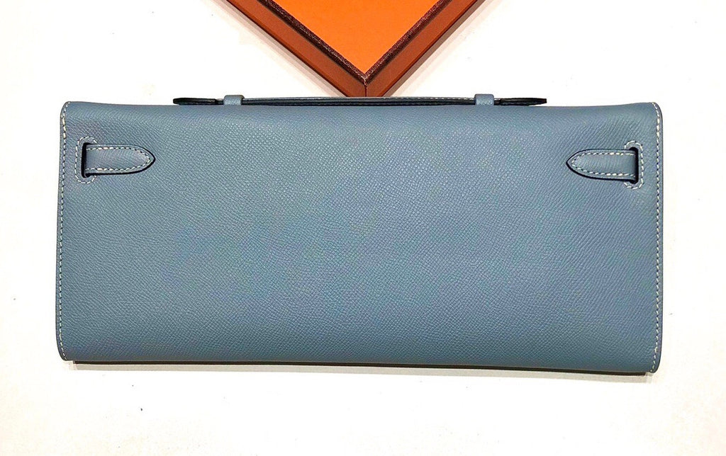 HERMES KELLY CUT CLUTCH BAG BLUE LIN EPSOM GOLD HARDWARE