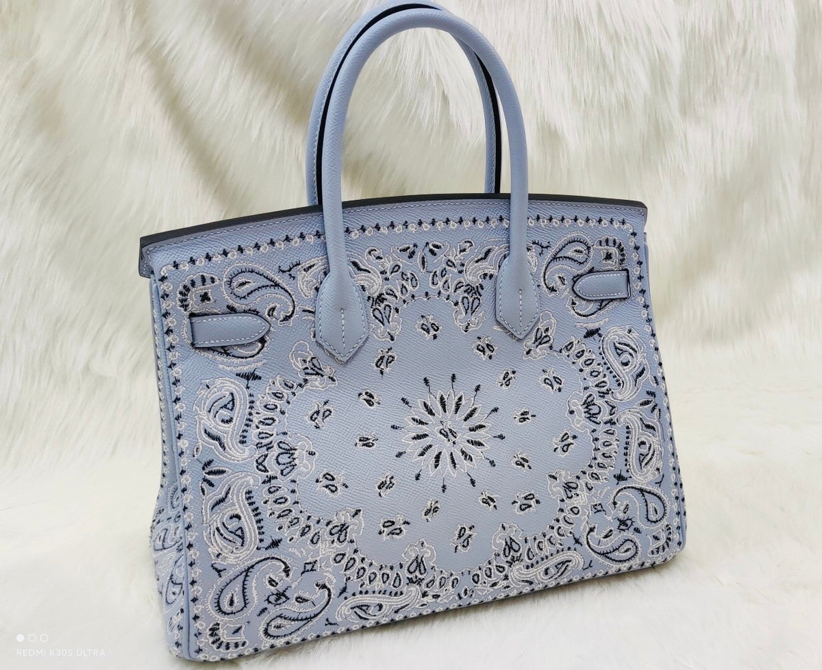 Hermes x Jay Ahr Special Edition custom-embroidering Blue lin Birkin Bag 30cm Epsom Leather Palladium Hardware [Carry by Kylie Jenner, Cardi B]
