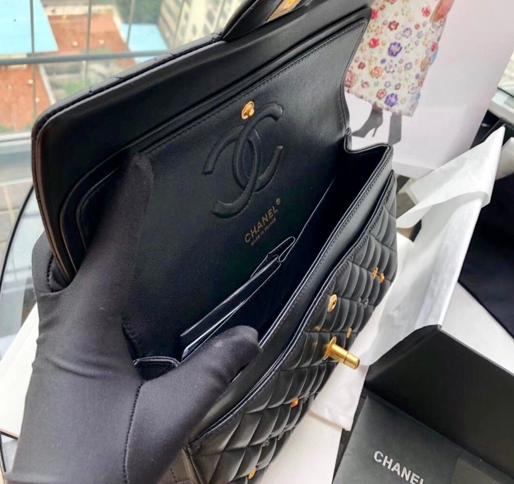 Chanel Black Leather Medium Classic 18K Gold Charms Double Flap Bag