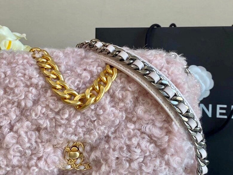 Chanel Shearling Sheepskin CHANEL 19 Flap Bag Pink
