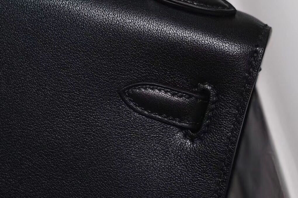 Hermes  FEATHER KELLY 32 Black Peacock feather & Box Leather with Palladium Hardware