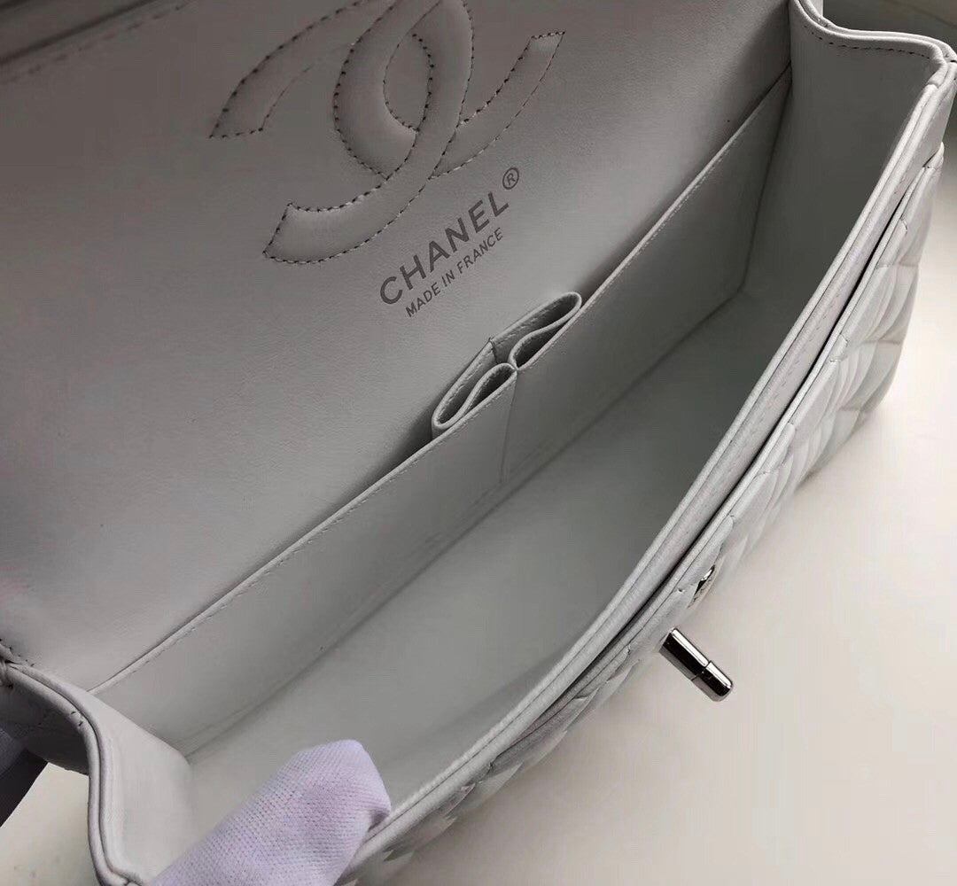 CHANEL White Lambskin Leather Classic Double Flap 2.55 Shoulder Bag With Silver Hardware