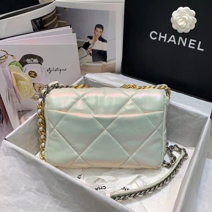 CHANEL 19 Iridescent White Flap Bag