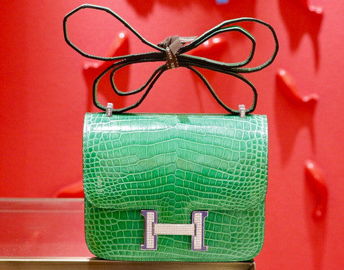Hermes Bamboo Crocodile Shiny Leather  Constance 23 Bag with 18-karat white gold and diamond