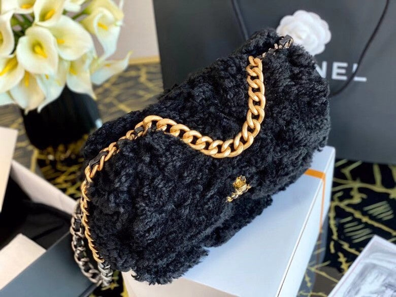 Chanel Shearling Sheepskin CHANEL 19 Flap Bag Black