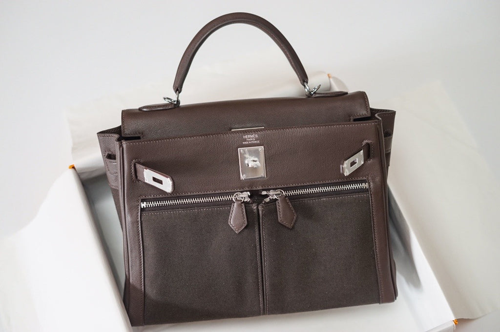 Hermes LIMITED EDITION EBENE SWIFT LEATHER & TOILE LAKIS KELLY 32 WITH PALLADIUM HARDWARE