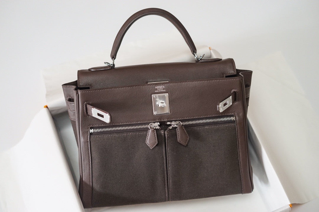 Hermes LIMITED EDITION EBENE SWIFT LEATHER & TOILE LAKIS KELLY 32 WITH PALLADIUM HARDWARE