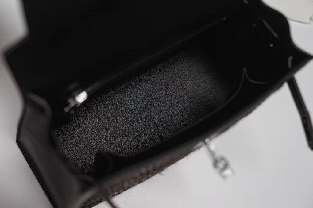 Hermes  FEATHER KELLY 32 Black Peacock feather & Box Leather with Palladium Hardware