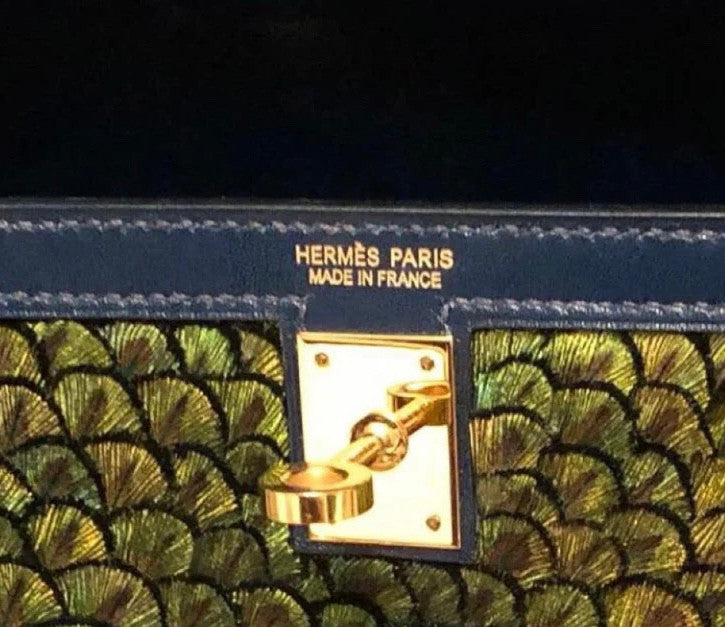 Hermes  FEATHER KELLY 25 Black  Peacock feather & Suede  with Gold Hardware
