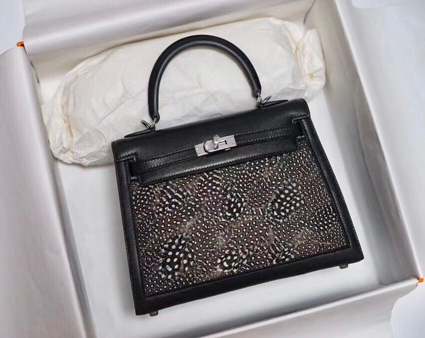 Hermes  FEATHER KELLY 32 Black Peacock feather & Box Leather with Palladium Hardware