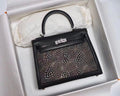 Hermes  FEATHER KELLY 32 Black Peacock feather & Box Leather with Palladium Hardware