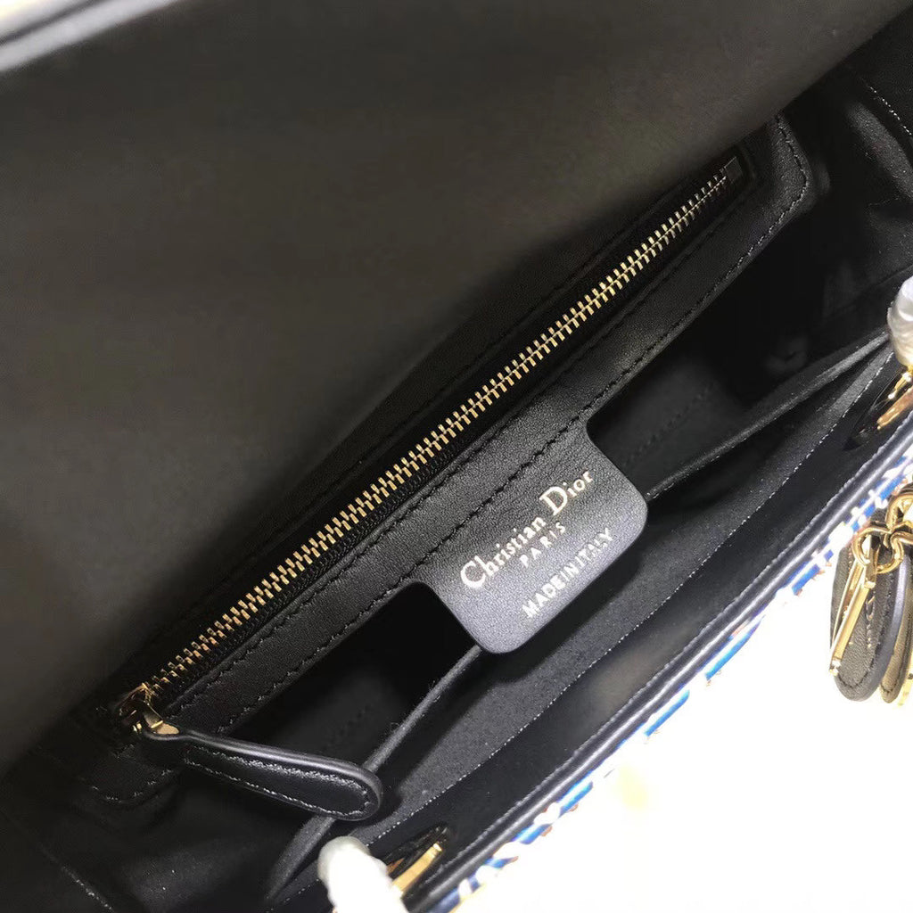 Christian Dior BLACK  LADY DIOR MEDIUM DIOR ANIMALS EMBROIDERED SMOOTH CALFSKIN BAG