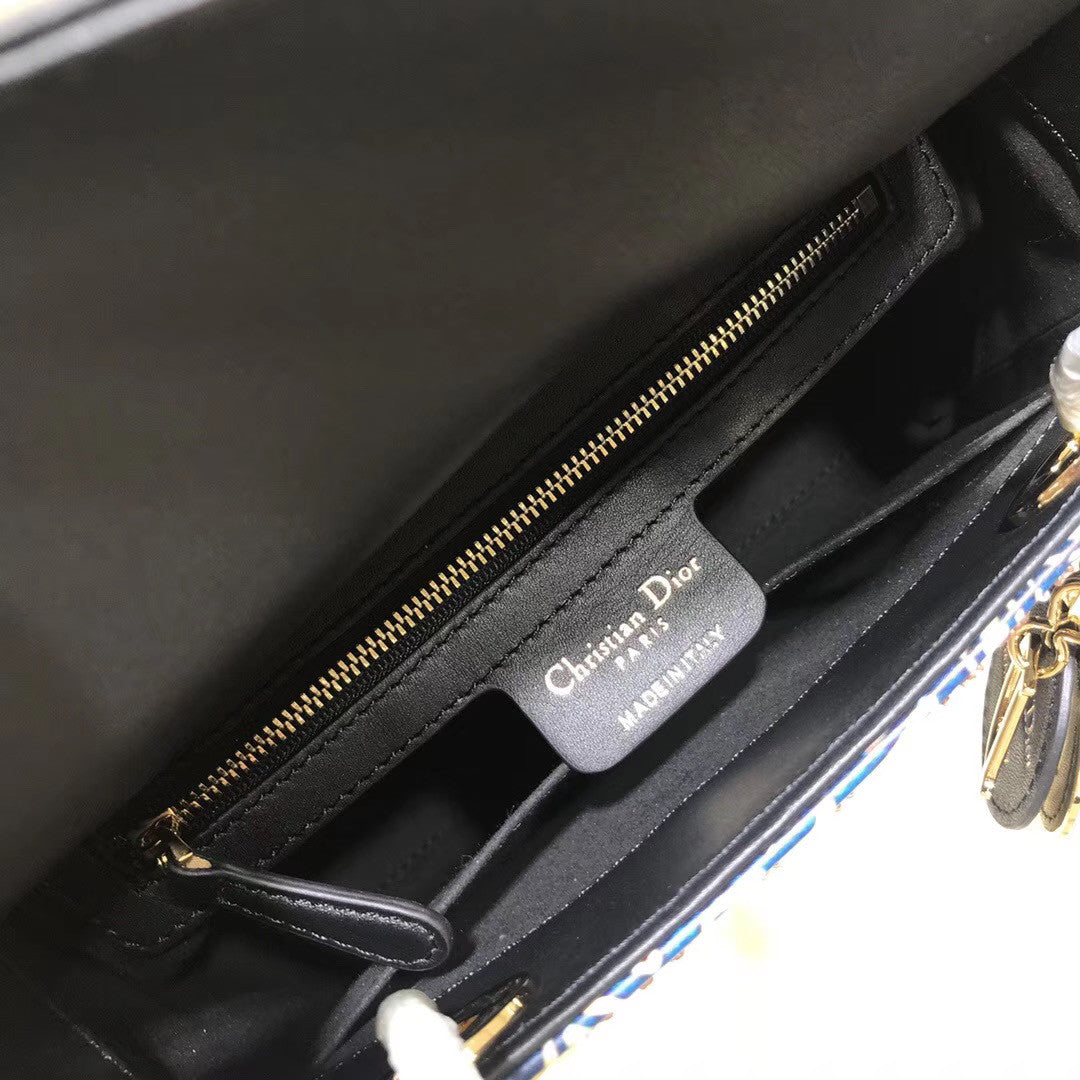 Christian Dior BLACK  LADY DIOR MEDIUM DIOR ANIMALS EMBROIDERED SMOOTH CALFSKIN BAG