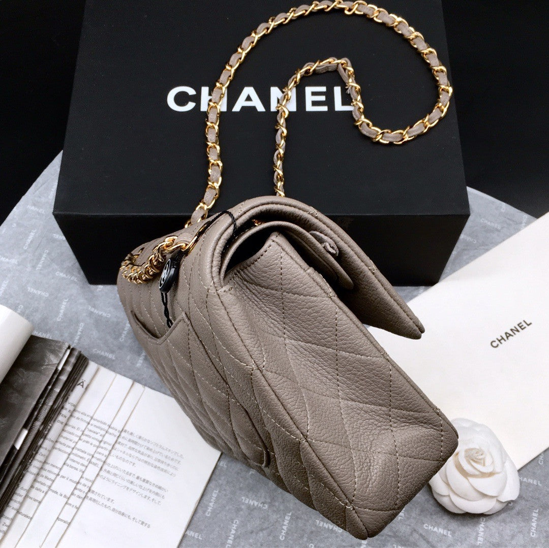 CHANEL 1112 Classic Flap Bag  Khaki  Deerskin Medium Gold HW